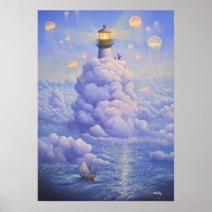 Surrealer Leuchtturm in den Wolken und Quallen Poster