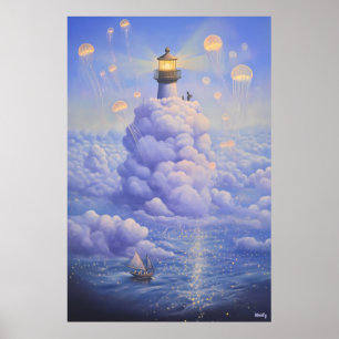 Surrealer Leuchtturm in den Wolken und Quallen Poster