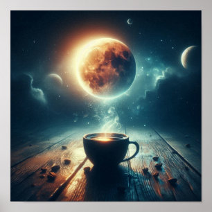 Surrealer Mond-Kaffeetassen-Kosmos-Schauplatz Poster