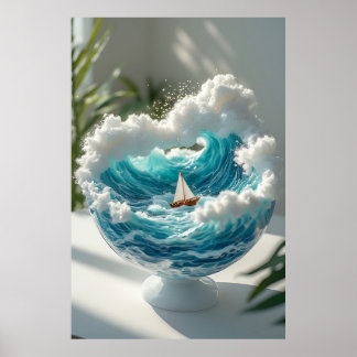 🌊 Surrealer Ozean in Glasglobus Kleines Segelboot Poster