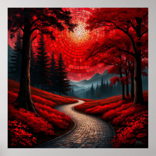 Surrealer Pfad durch einen lebendigen roten Wald Poster