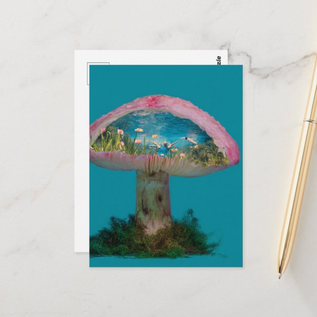 Surrealer Pool in einem Pilz Postkarte (Vorderseite/Rückseite Beispiel)