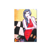 Surrealer Pop-Art-Frau in rotem Kleid auf Leinwand