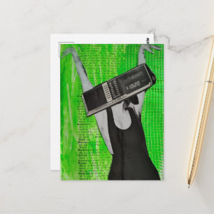 Surrealer Retro-Radio-Wecker-Kollage Frau Postkarte