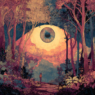 Surrealer riesiger Auge beobachtet Wald im Zwielic Quadratischer Aufkleber