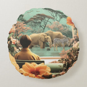 Surrealer Safari mit Elefanten und Zebras Rundes Kissen