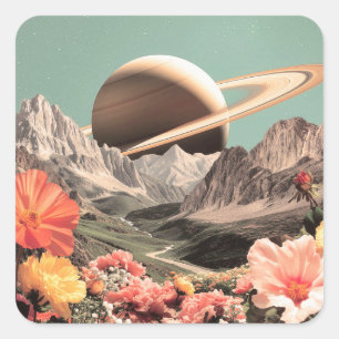 Surrealer Saturn über Bergtal Quadratischer Aufkleber
