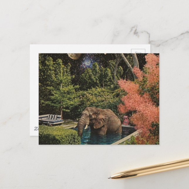 Surrealer schöner Elefant im Pool Postkarte (Vorderseite/Rückseite Beispiel)