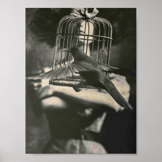Surrealer Schwarz-Weiß-Vogel im Käfig und Dame Poster
