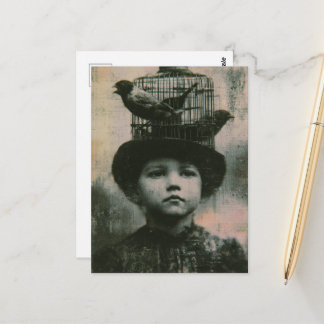Surrealer Schwarz-Weiß-Vogel im Käfig und Kind Ret Postkarte