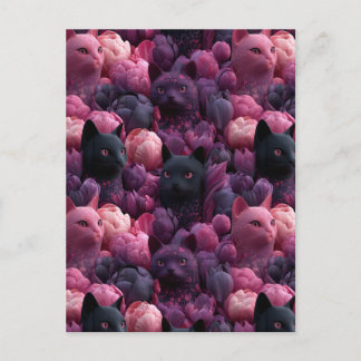 Surrealer schwarzer Kater und rosa Pfingstrosen-Bl Postkarte