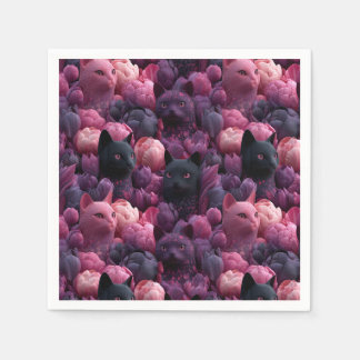 Surrealer schwarzer Kater und rosa Pfingstrosen-Bl Serviette
