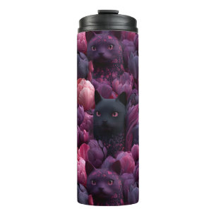 Surrealer schwarzer Kater und rosa Pfingstrosen-Bl Thermosbecher