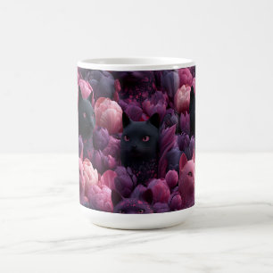 Surrealer schwarzer Katze und rosa Pfingstrosen-Bl Kaffeetasse