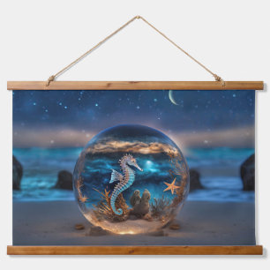Surrealer Strand von Starfish und Seepferd Wandteppich Mit Holzrahmen
