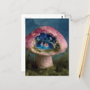 Surrealer Swimmingpool in einem rosafarbenen Pilz Postkarte