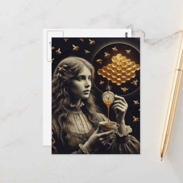 Surrealer Teetime mit Bienen Postkarte (Vorderseite/Rückseite Beispiel)