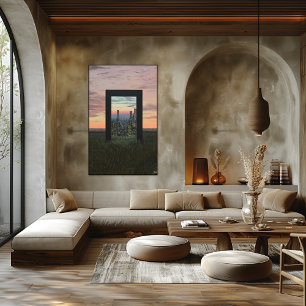 Surrealer traumhafter Torweg zur Stadt in den Feld Poster