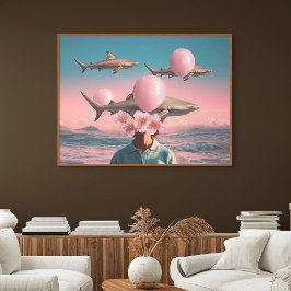 Surrealer Traumlandschaft mit Haien und Ballons Poster