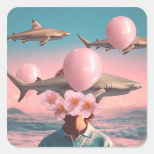 Surrealer Traumlandschaft mit Haien und Ballons Quadratischer Aufkleber