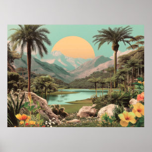 Surrealer tropischer See mit Palmen Poster