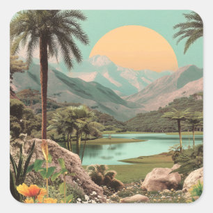 Surrealer tropischer See mit Palmen Quadratischer Aufkleber