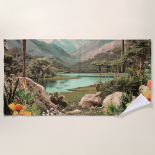 Surrealer tropischer See mit Palmen Strandtuch