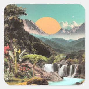 Surrealer tropischer Tal mit Wasserfällen Quadratischer Aufkleber
