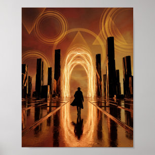 Surrealer Tunnel mit goldenem Licht und Silhouette Poster