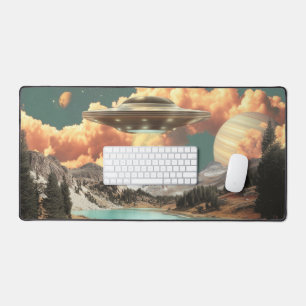 Surrealer UFO über dem Mountain Lake mit Planeten Schreibtischunterlage