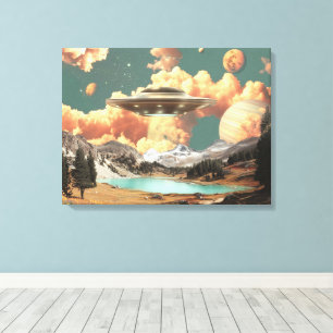 Surrealer UFO über einem Bergsee mit Planeten Leinwanddruck