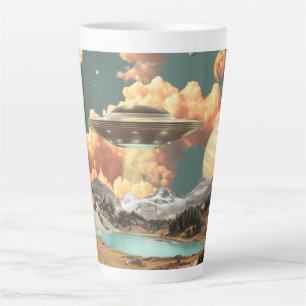 Surrealer UFO über einem Bergsee mit Planeten Milchtasse