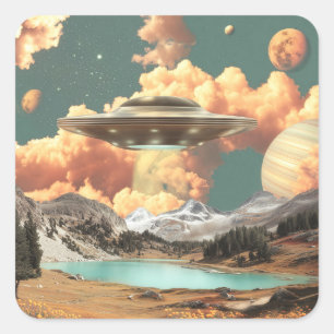 Surrealer UFO über einem Bergsee mit Planeten Quadratischer Aufkleber