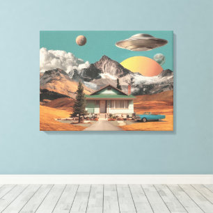 Surrealer UFO über rustikalem Haus Leinwanddruck