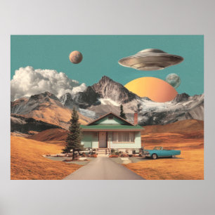 Surrealer UFO über rustikalem Haus Poster