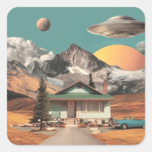 Surrealer UFO über rustikalem Haus Quadratischer Aufkleber