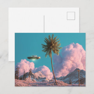 Surrealer UFO- und Palmenberg-Szene Postkarte