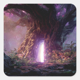 Surrealer verzauberter Baum mit leuchtendem Portal Quadratischer Aufkleber