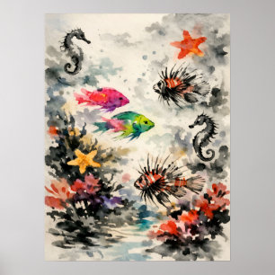 Surrealer Wasserfarben-Wildlife-Kunst des Riffs Poster