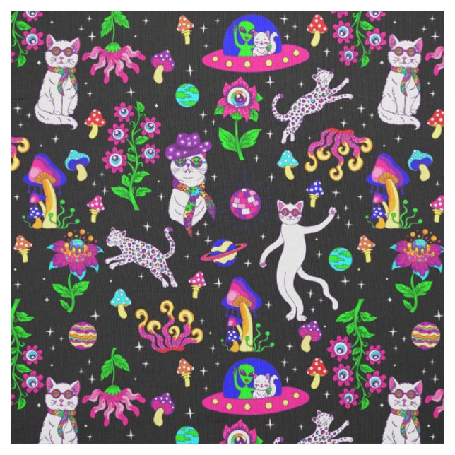 surrealer Weltraum-Disco-Katzen-Alien-UFO-Leopard Stoff (Muster)