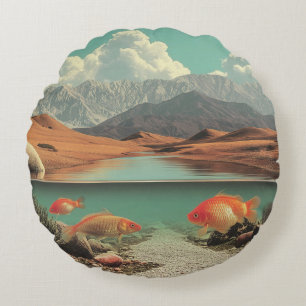 Surrealer Wüsten- und See mit Goldfischen Rundes Kissen