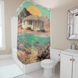Surrealer Wüstenhaus mit Unterwasser-Riff Duschvorhang