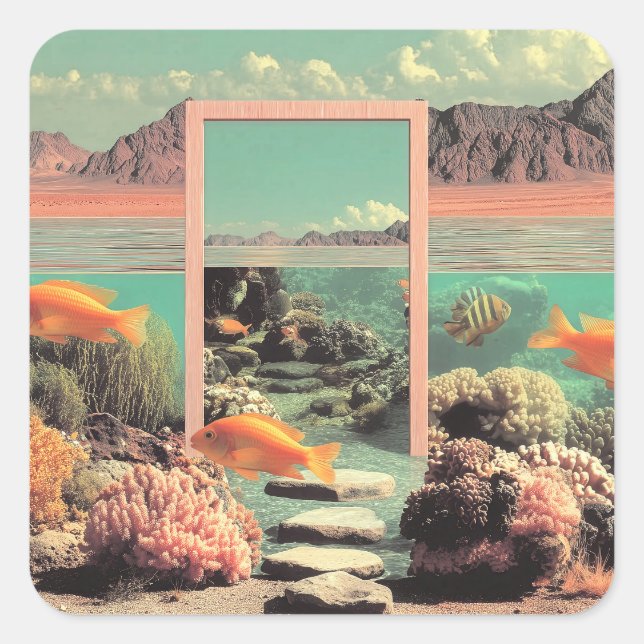 Surrealer Wüstenozean mit Tür Quadratischer Aufkleber (Vorderseite)