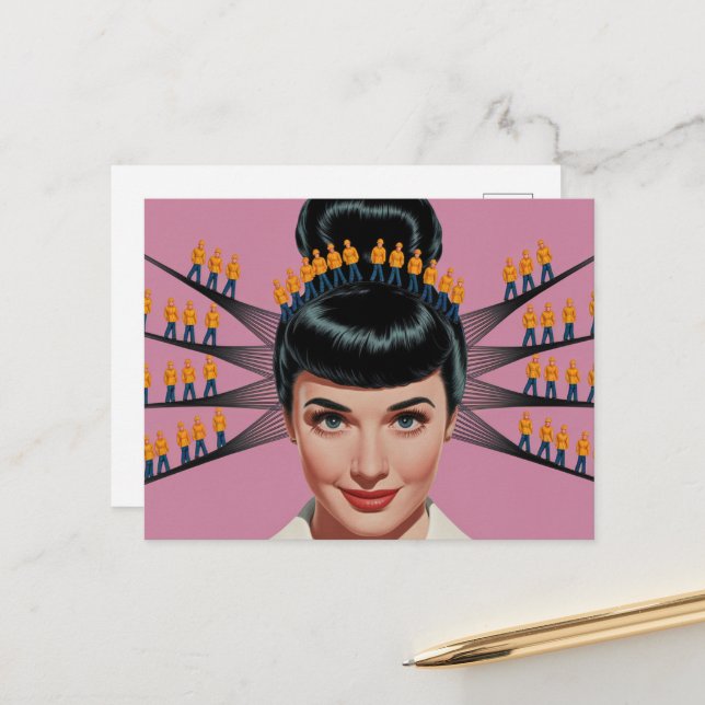 Surreales Haar mit winzigen Bauleuten Postkarte (Vorderseite/Rückseite Beispiel)