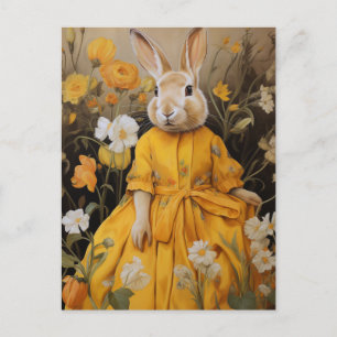 Surreales Kaninchen in Gelbkleid und Blume Postkarte