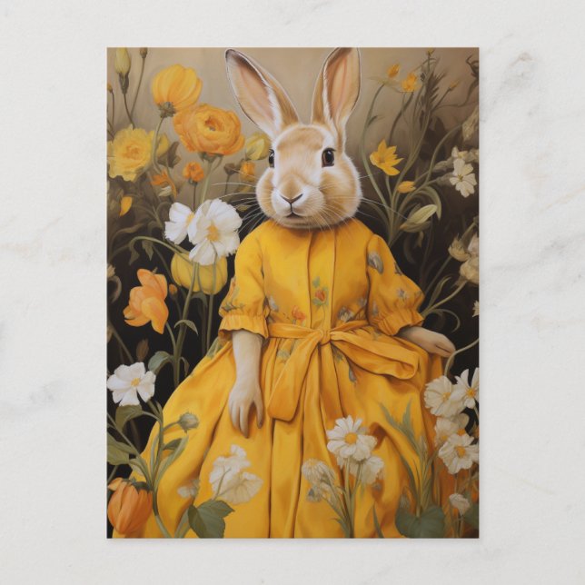 Surreales Kaninchen in Gelbkleid und Blume Postkarte (Vorderseite)