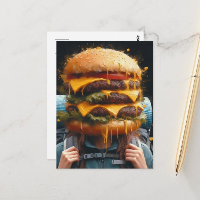 Surreales Wandern mit einem Cheeseburger im Kopf Postkarte (Vorderseite/Rückseite Beispiel)