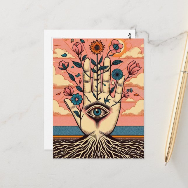 Surrealgärtner mit rosa Blume Postkarte (Vorderseite/Rückseite Beispiel)