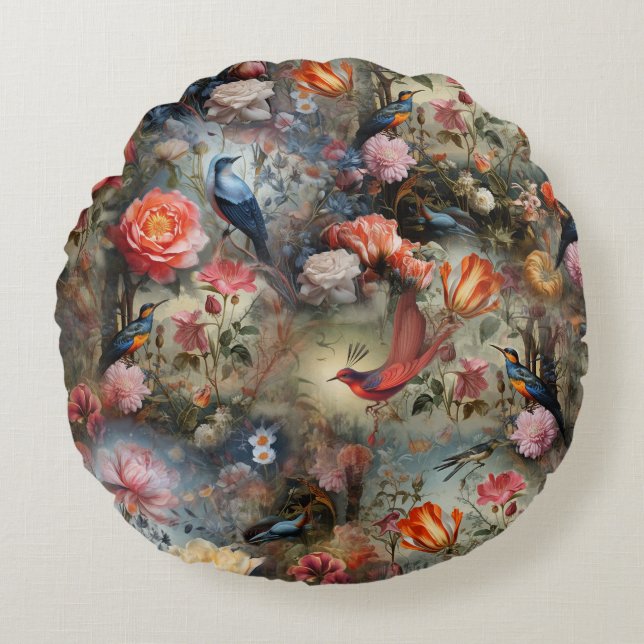 Surrealist Art mit Blume & Vögeln Rundes Kissen (Vorderseite)