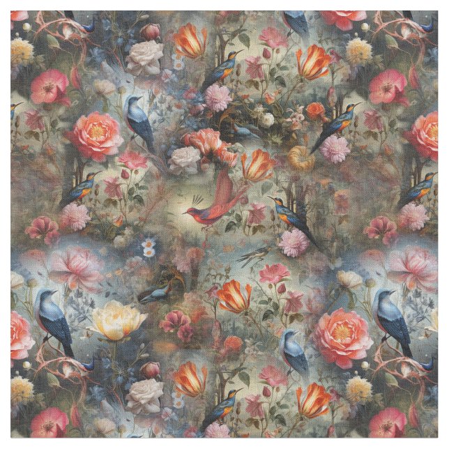 Surrealist Art mit Blume & Vögeln Stoff (Nahaufnahme)